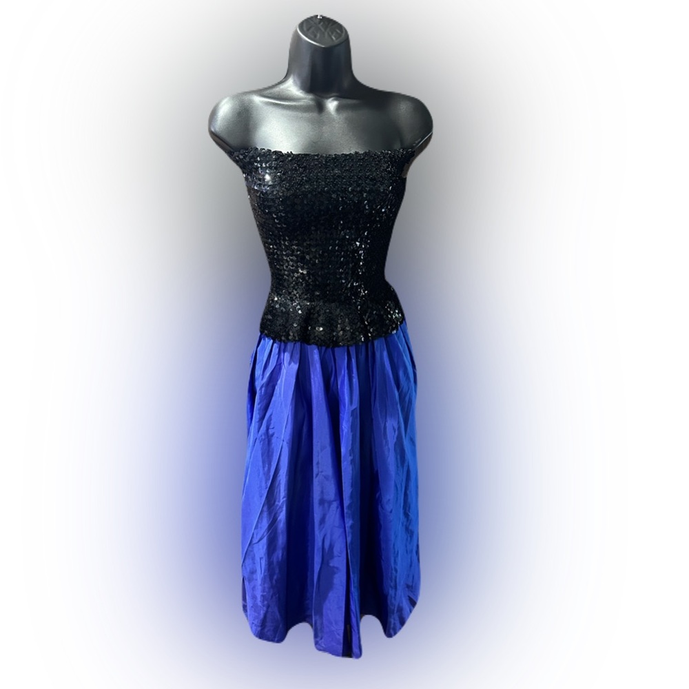 80s vintage Alfred Angelo Black and Blue sequins Strapless Dress